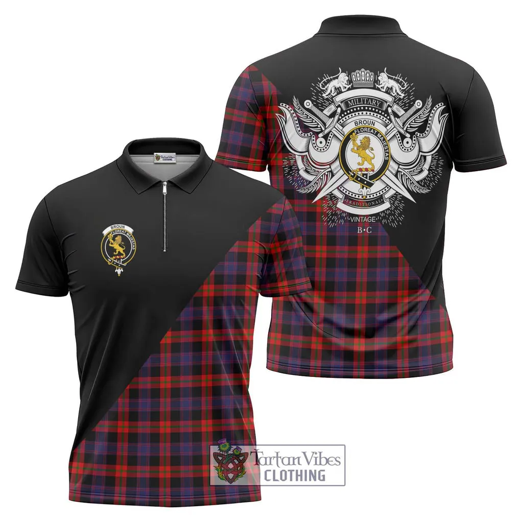 Broun Modern Tartan Zipper Polo Shirt with Family Crest and Military Logo Style