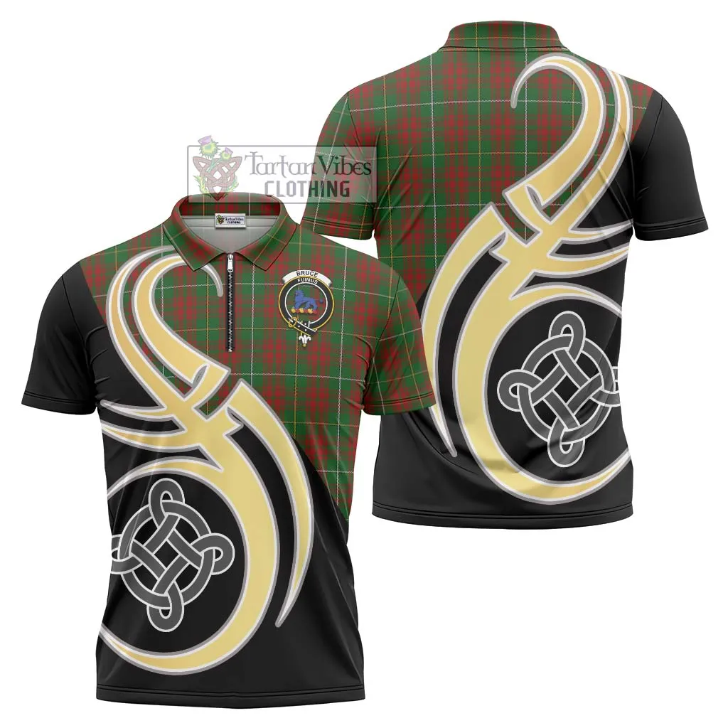 Bruce Hunting Tartan Zipper Polo Shirt with Family Crest and Celtic Symbol Style