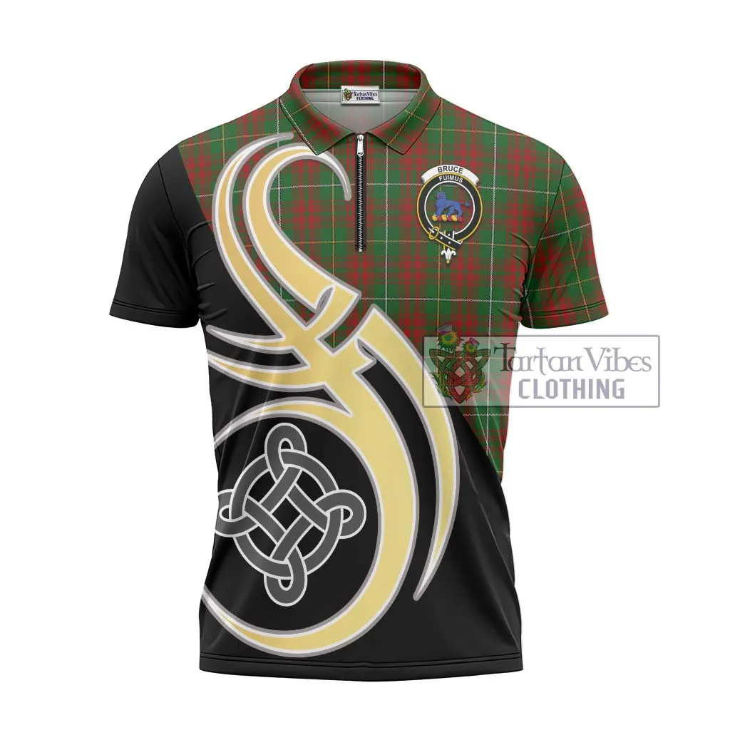 Bruce Hunting Tartan Zipper Polo Shirt with Family Crest and Celtic Symbol Style