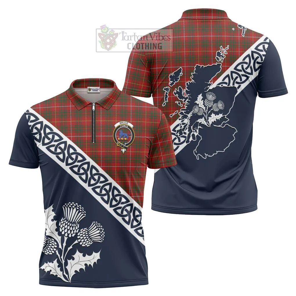 Bruce Tartan Zipper Polo Shirt Featuring Thistle and Scotland Map