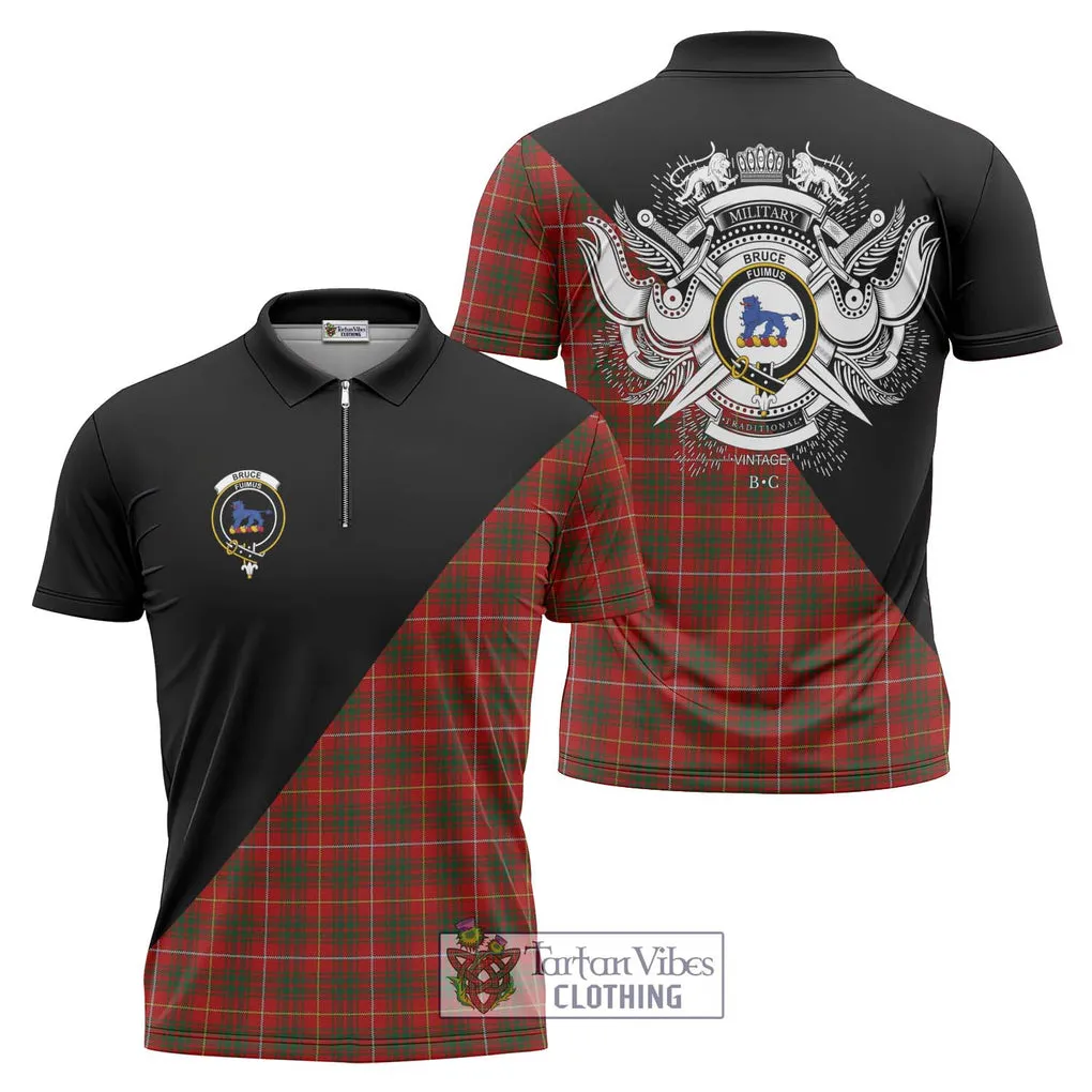 Bruce Tartan Zipper Polo Shirt with Family Crest and Military Logo Style