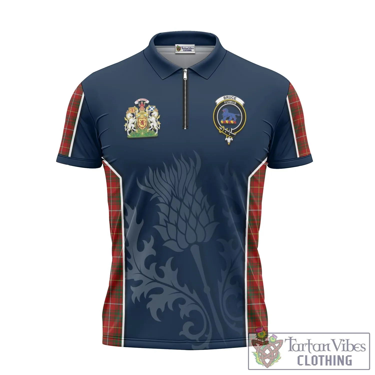 Bruce Tartan Zipper Polo Shirt with Family Crest and Scottish Thistle Vibes Sport Style