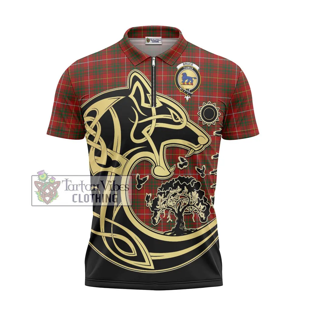 Bruce Tartan Zipper Polo Shirt with Family Crest Celtic Wolf Style