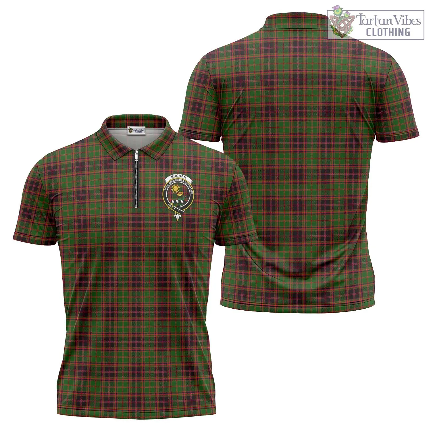 Buchan Tartan Zipper Polo Shirt with Family Crest