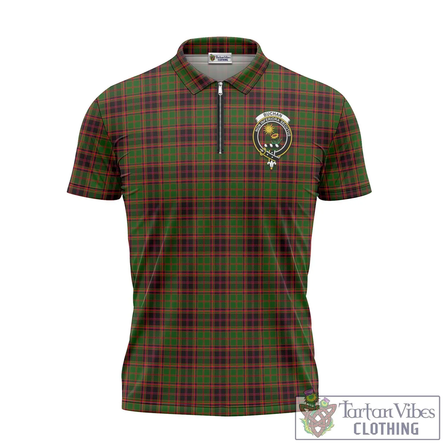 Buchan Tartan Zipper Polo Shirt with Family Crest