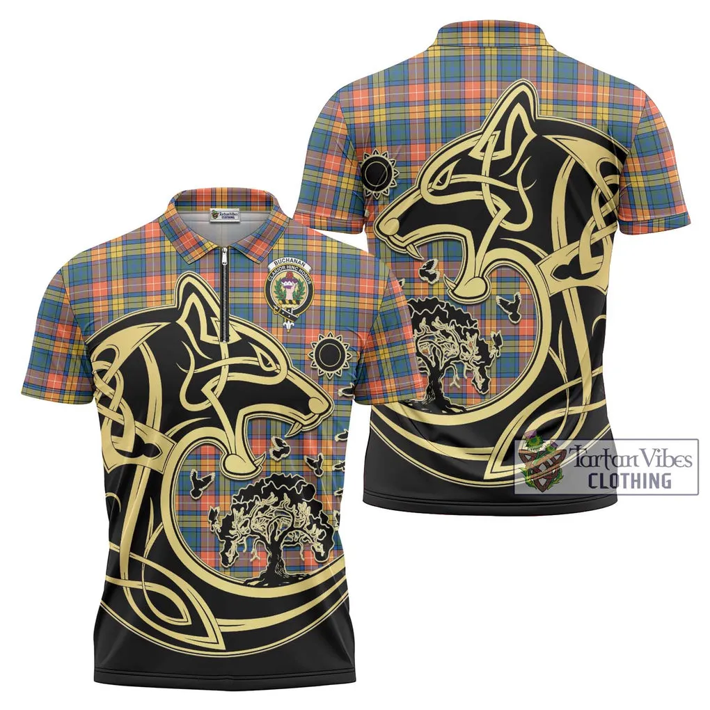 Buchanan Ancient Tartan Zipper Polo Shirt with Family Crest Celtic Wolf Style