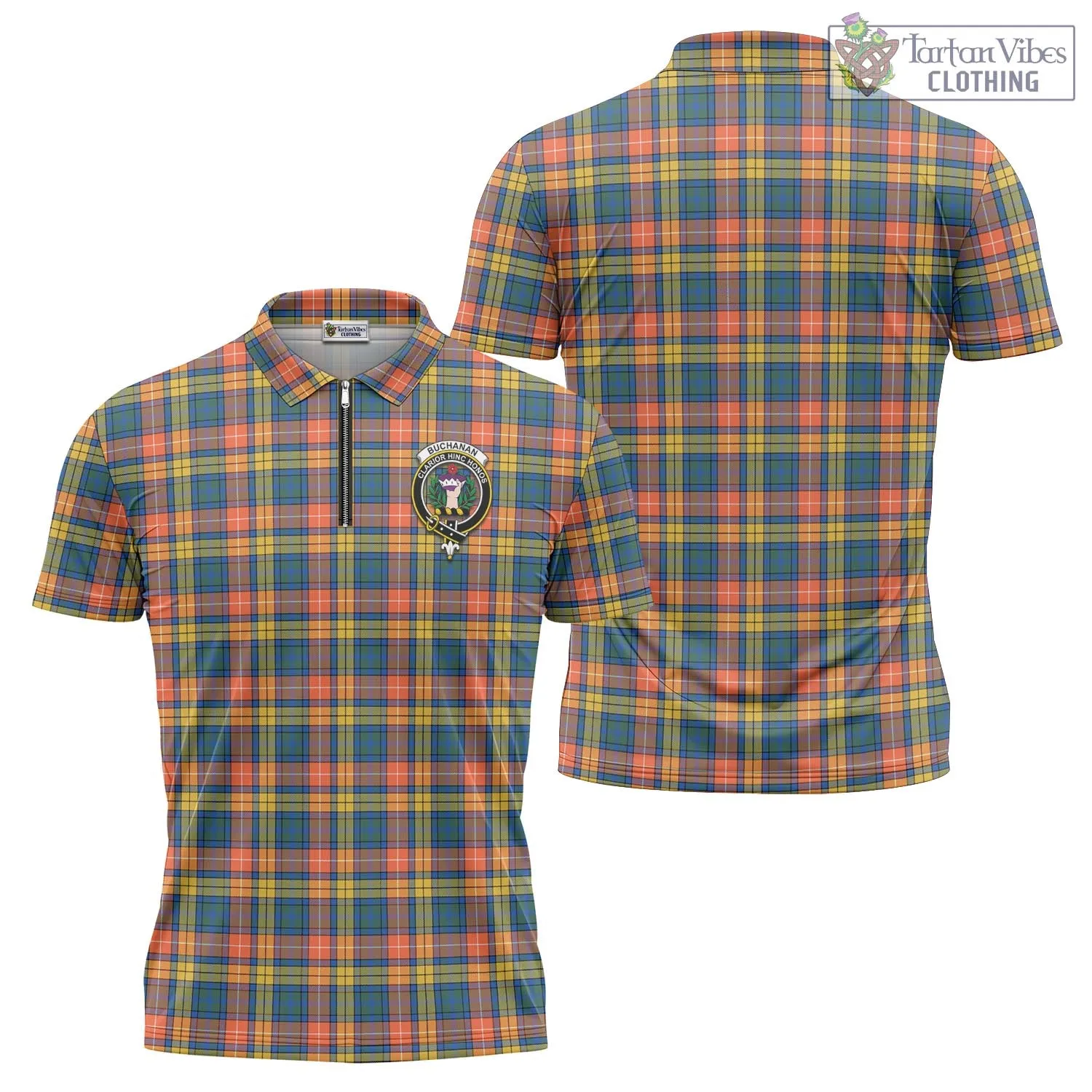 Buchanan Ancient Tartan Zipper Polo Shirt with Family Crest