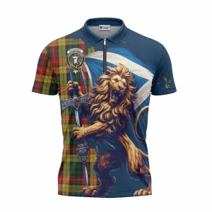 Buchanan Tartan Family Crest Zipper Polo Shirt with Scottish Majestic Lion