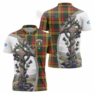 Buchanan Tartan Zipper Polo Shirt with Family Crest and St. Andrew's Cross Accented by Thistle Vines