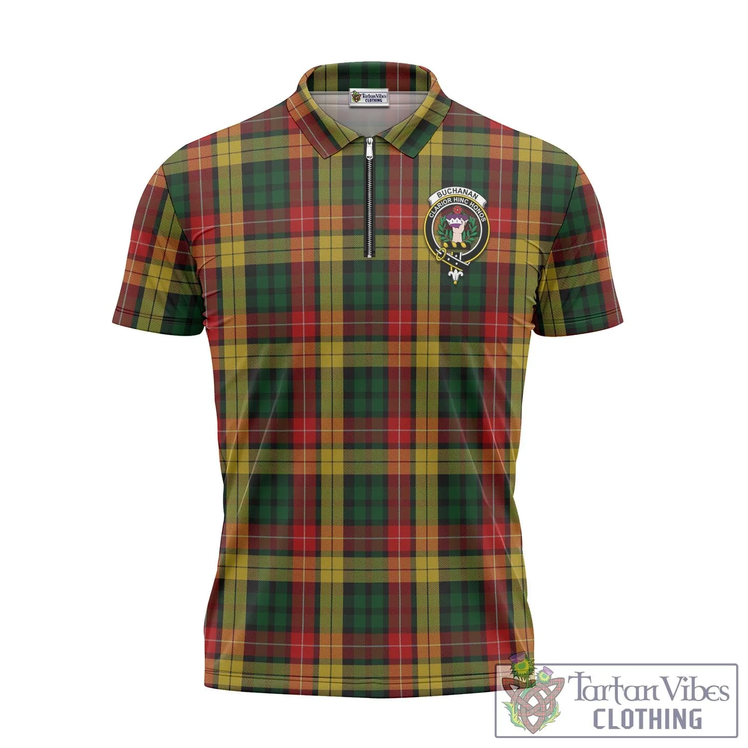 Buchanan Tartan Zipper Polo Shirt with Family Crest