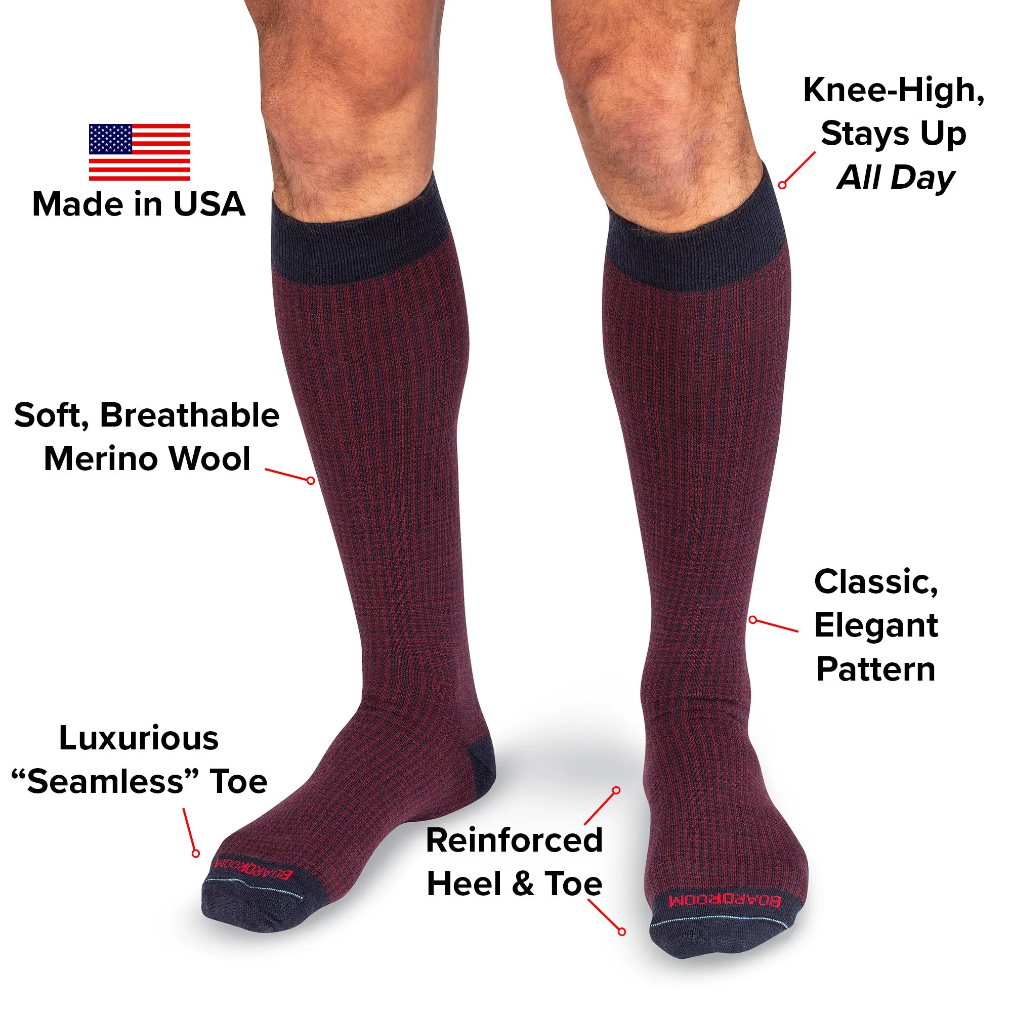 Burgundy and Navy Houndstooth Merino Wool Over the Calf Dress Socks