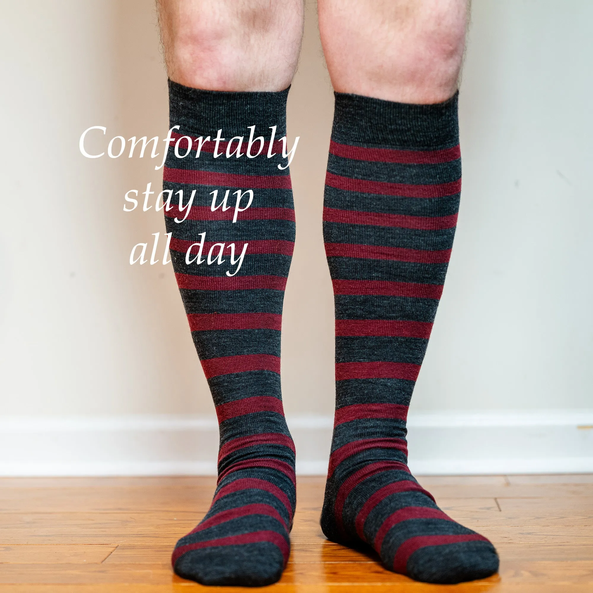 Burgundy Stripes on Charcoal Merino Wool Over the Calf