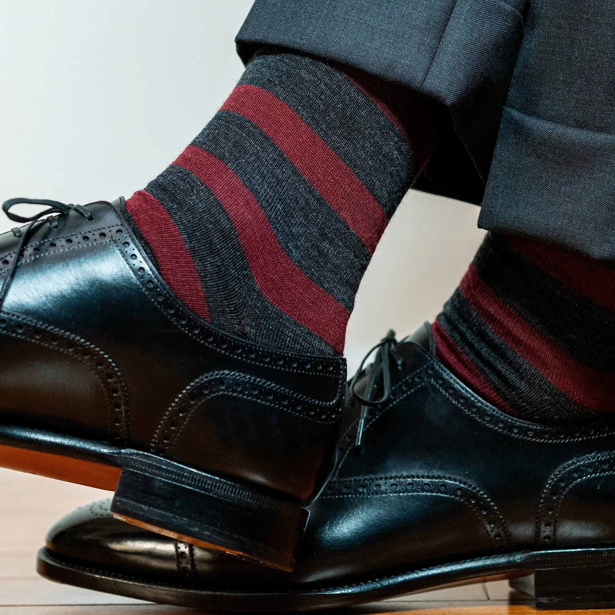 Burgundy Stripes on Charcoal Merino Wool Over the Calf