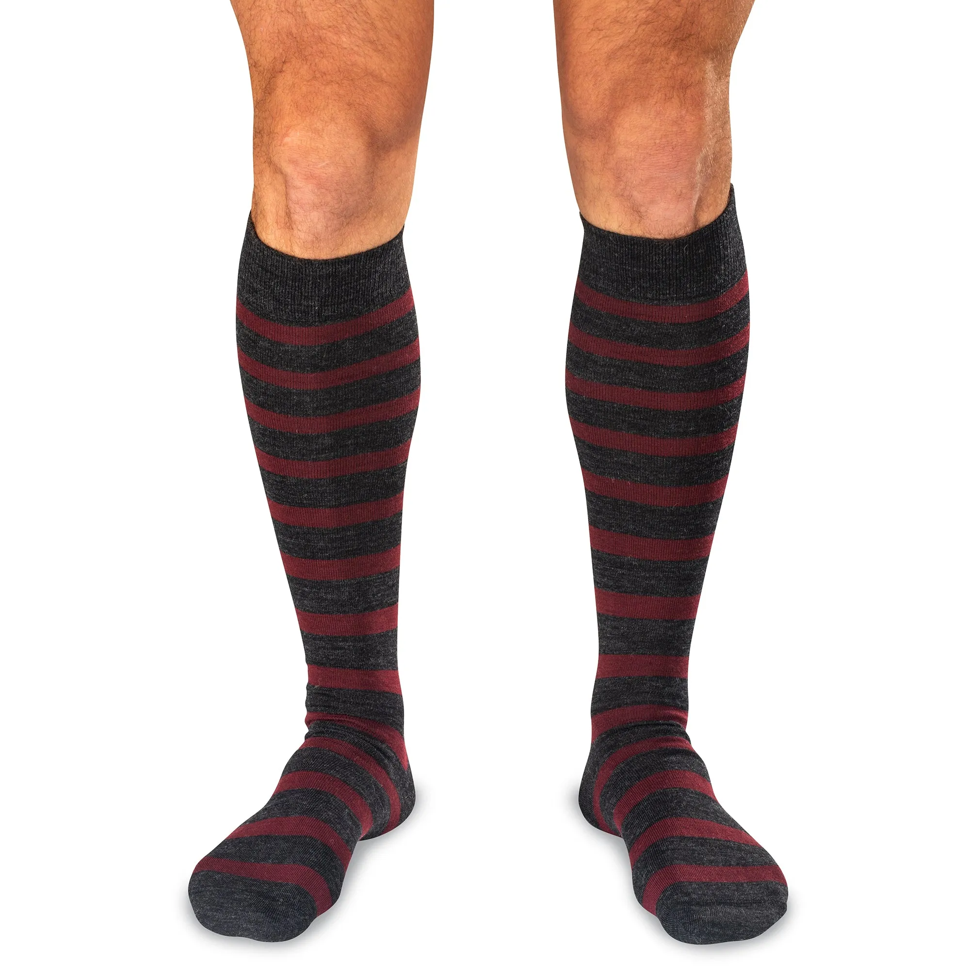 Burgundy Stripes on Charcoal Merino Wool Over the Calf