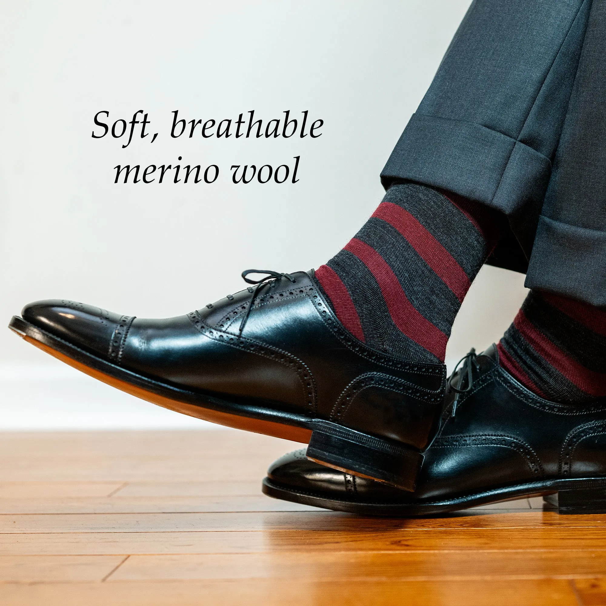 Burgundy Stripes on Charcoal Merino Wool Over the Calf