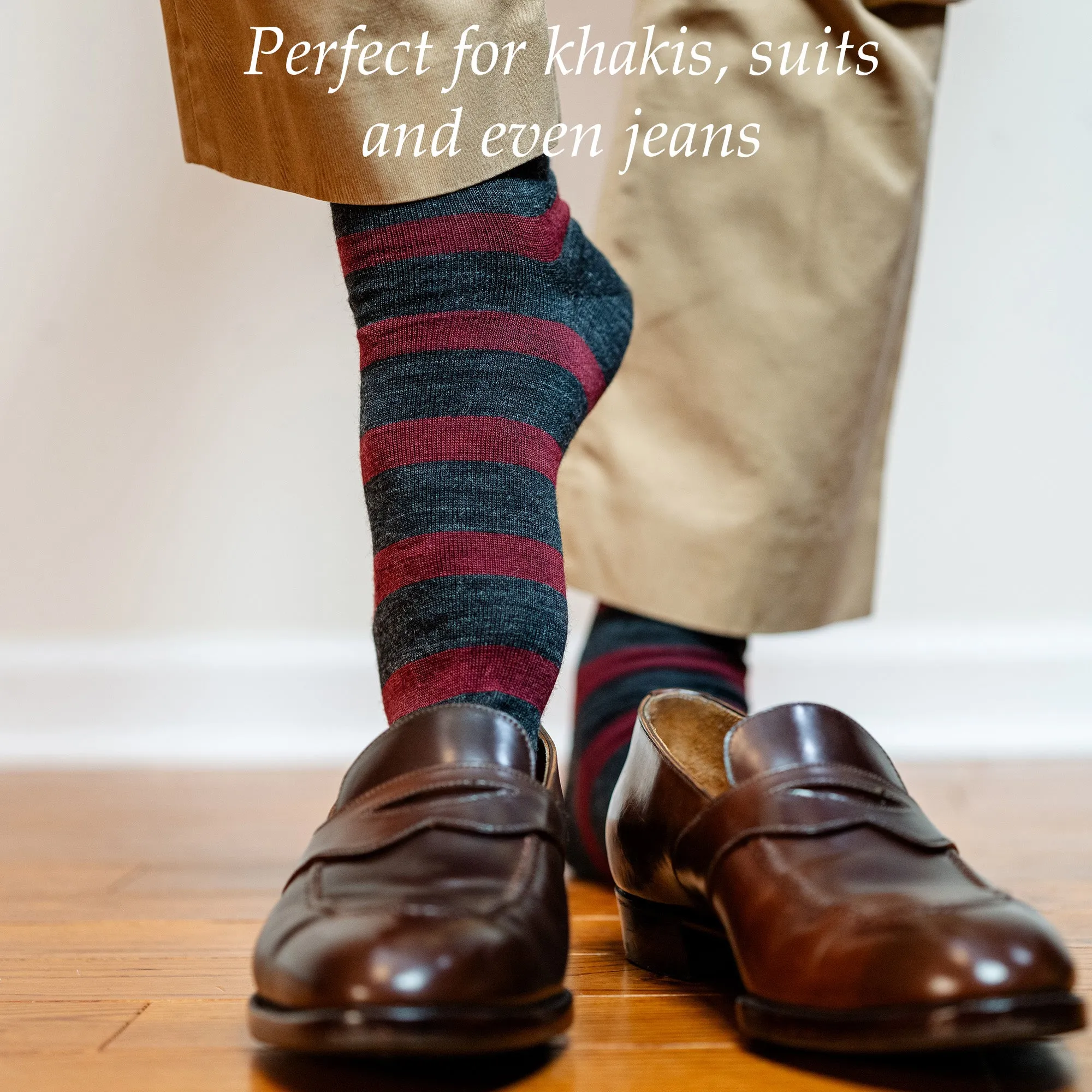 Burgundy Stripes on Charcoal Merino Wool Over the Calf