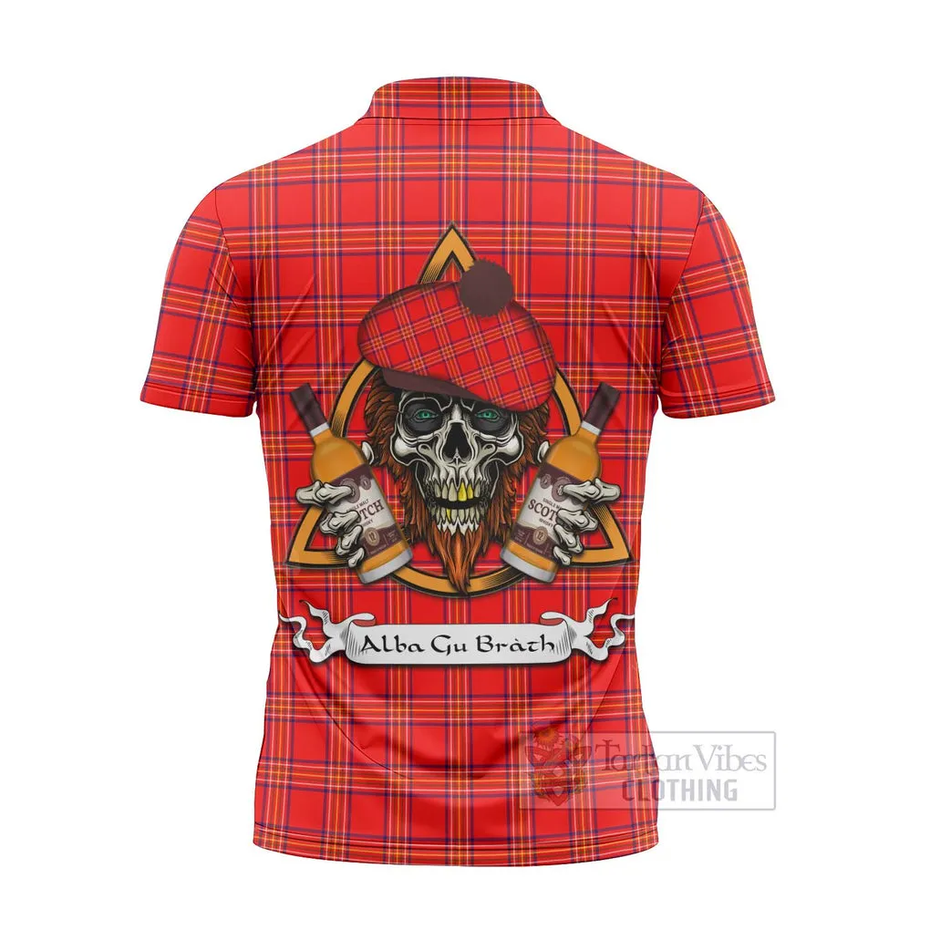 Burnett Tartan Zipper Polo Shirt with Family Crest and Bearded Skull Holding Bottles of Whiskey