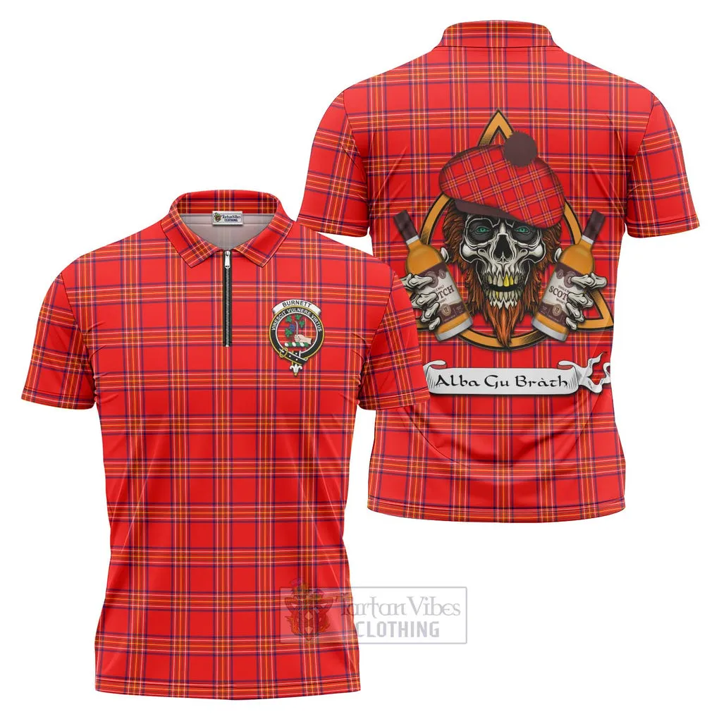 Burnett Tartan Zipper Polo Shirt with Family Crest and Bearded Skull Holding Bottles of Whiskey