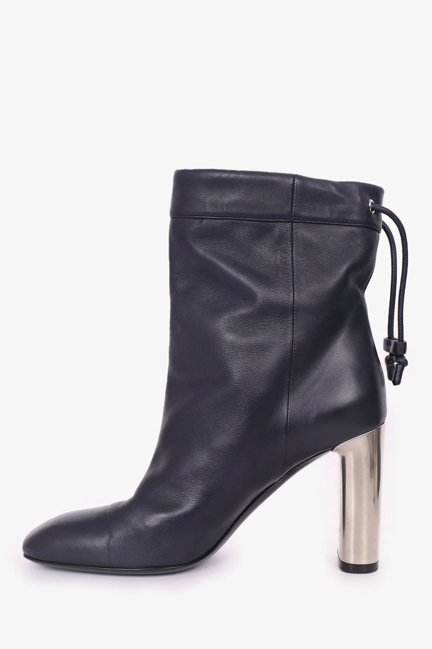 Celine Black Leather Silver Heel Drawstring Boots Size 35