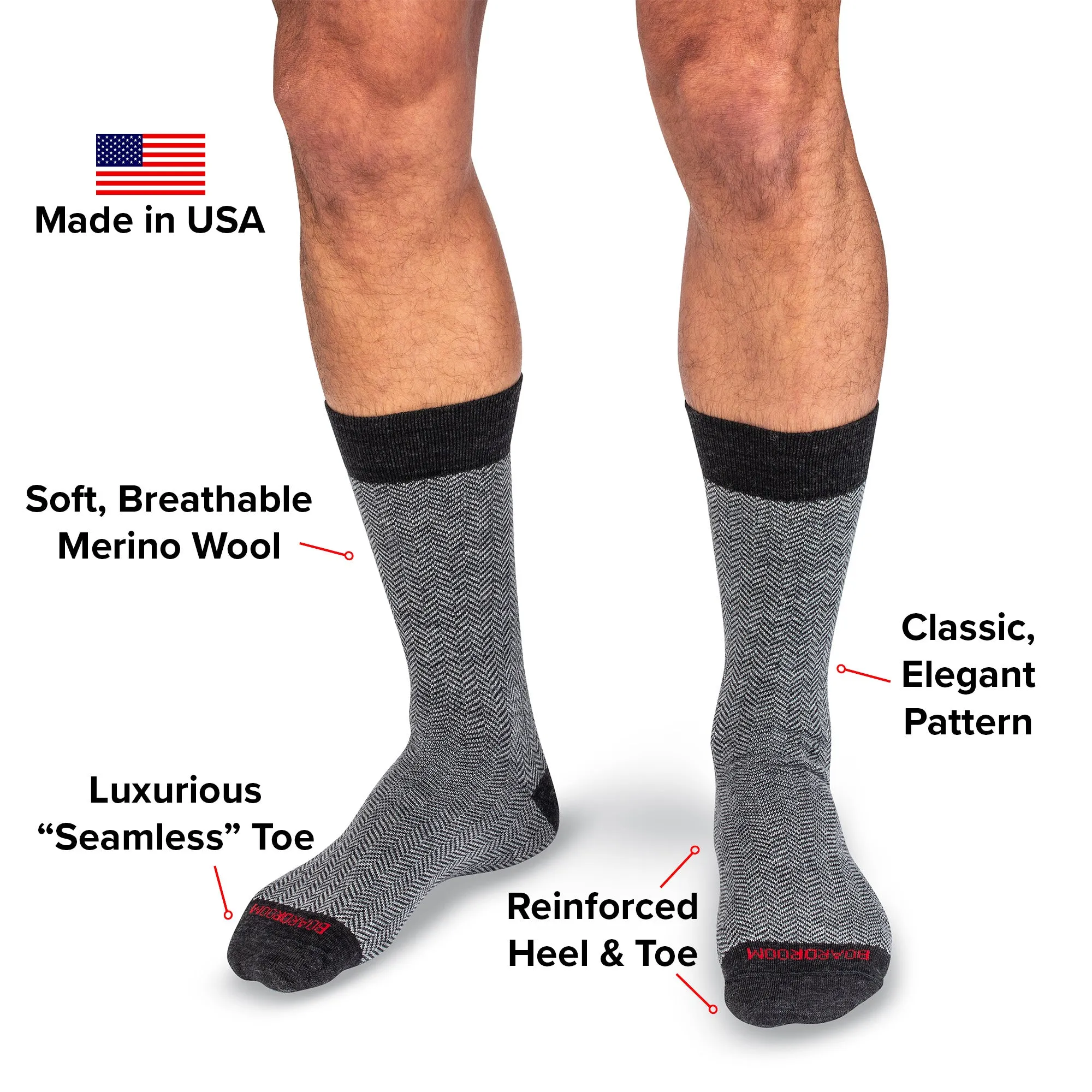 Charcoal and Light Grey Herringbone Merino Wool Mid-Calf Dress Socks