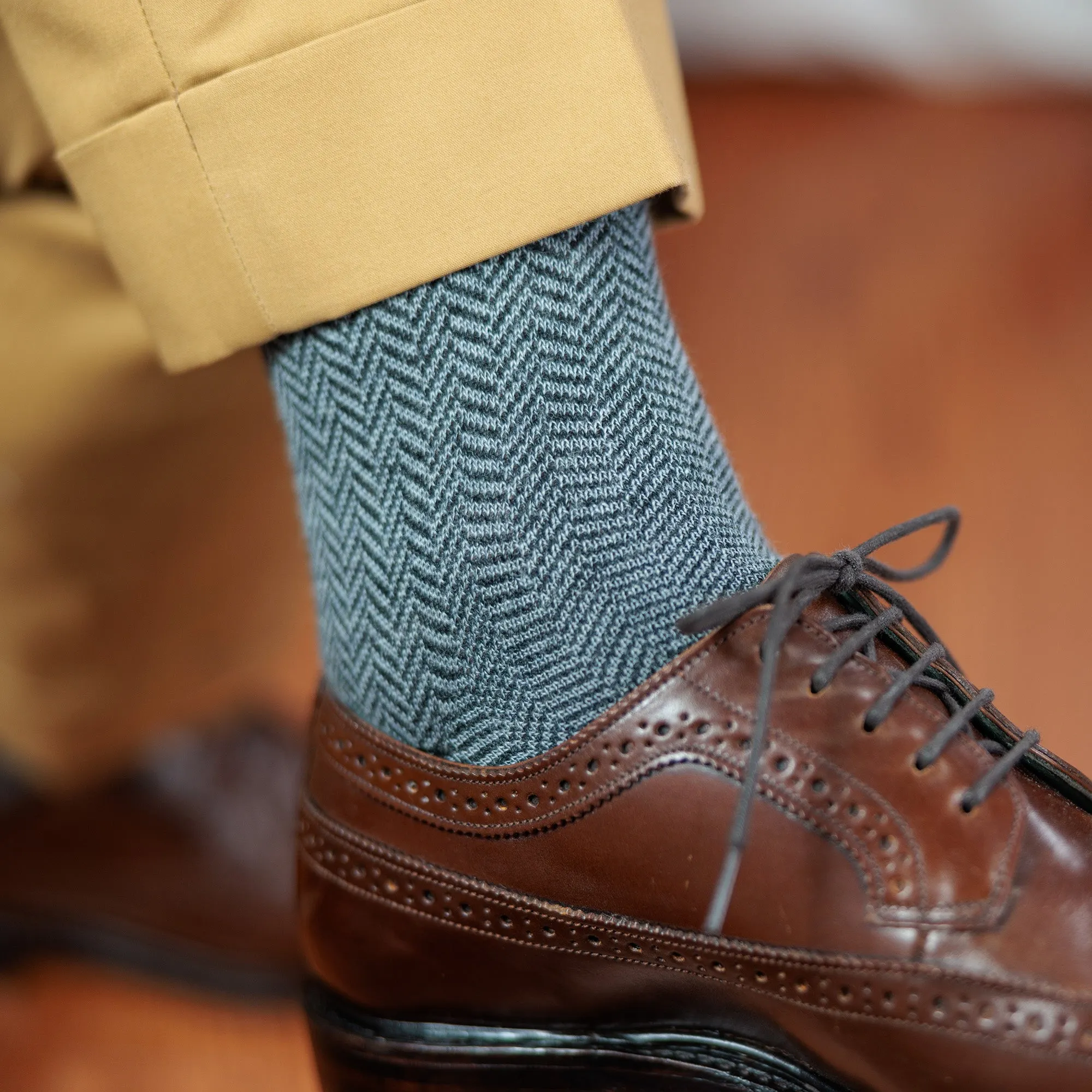 Charcoal and Light Grey Herringbone Merino Wool Mid-Calf Dress Socks