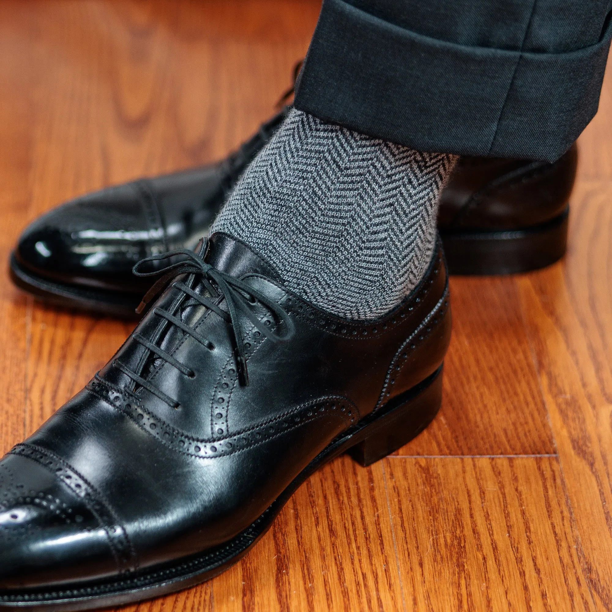 Charcoal and Light Grey Herringbone Merino Wool Mid-Calf Dress Socks