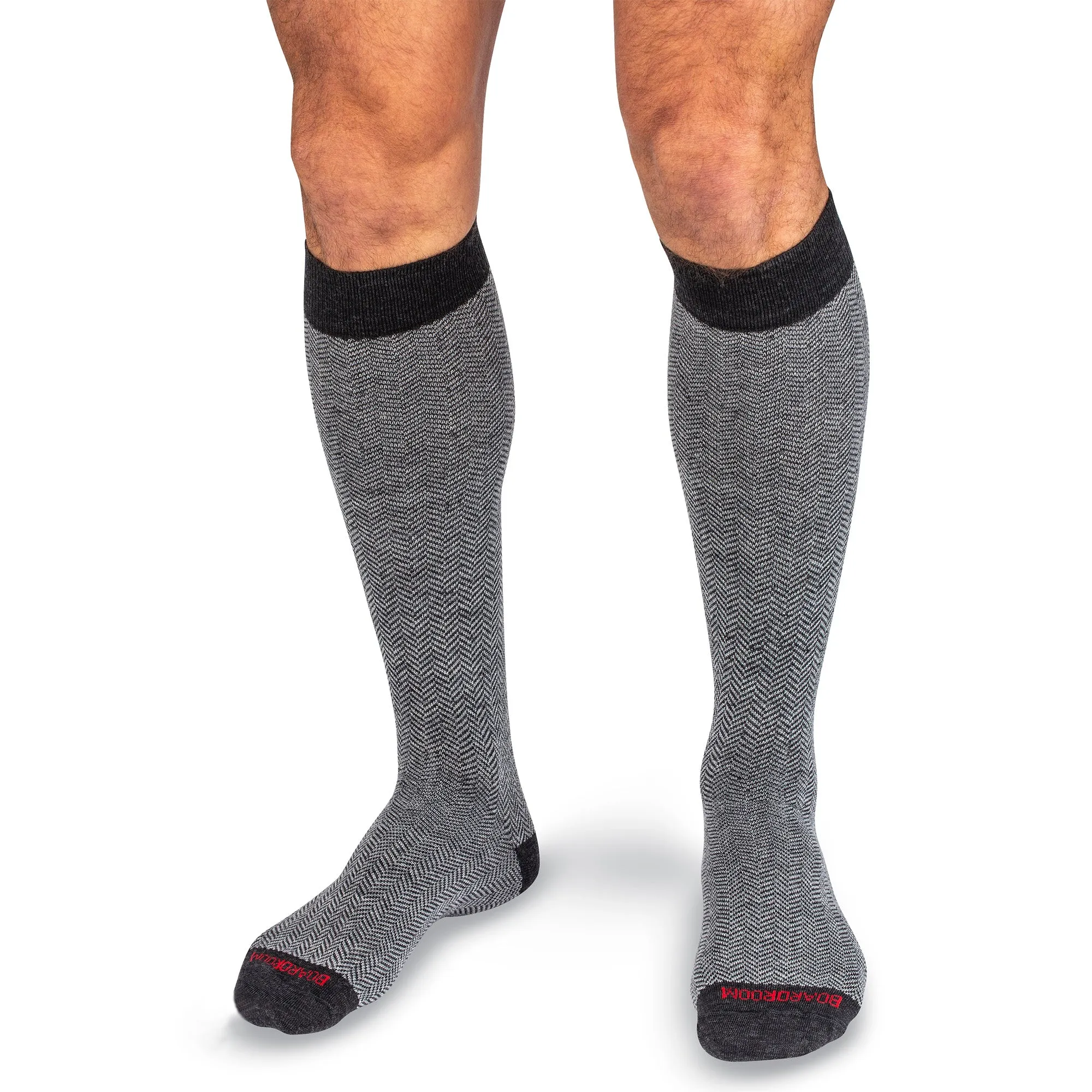 Charcoal and Light Grey Herringbone Merino Wool Over the Calf Dress Socks