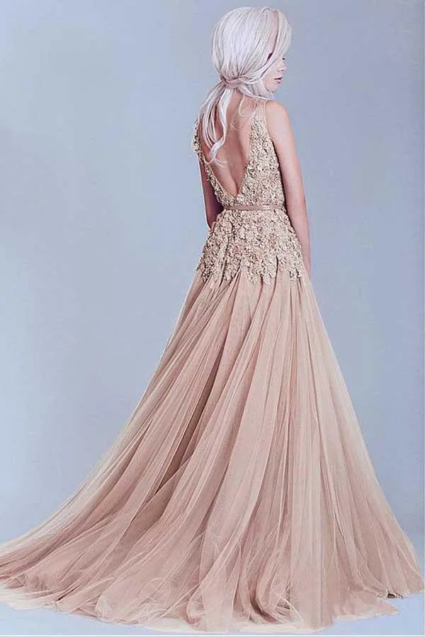 Charming Tulle  V-Neck A-Line Evening Dresses With Lace Appliques PG504