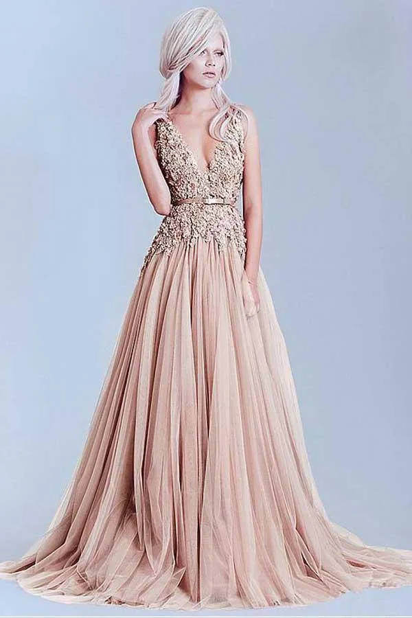 Charming Tulle  V-Neck A-Line Evening Dresses With Lace Appliques PG504