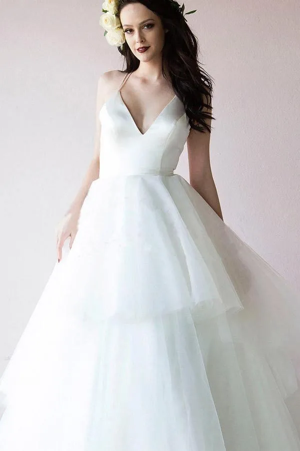 Classic Straps V Neck Ivory Long Bridal Gown Wedding Dresses  WD388