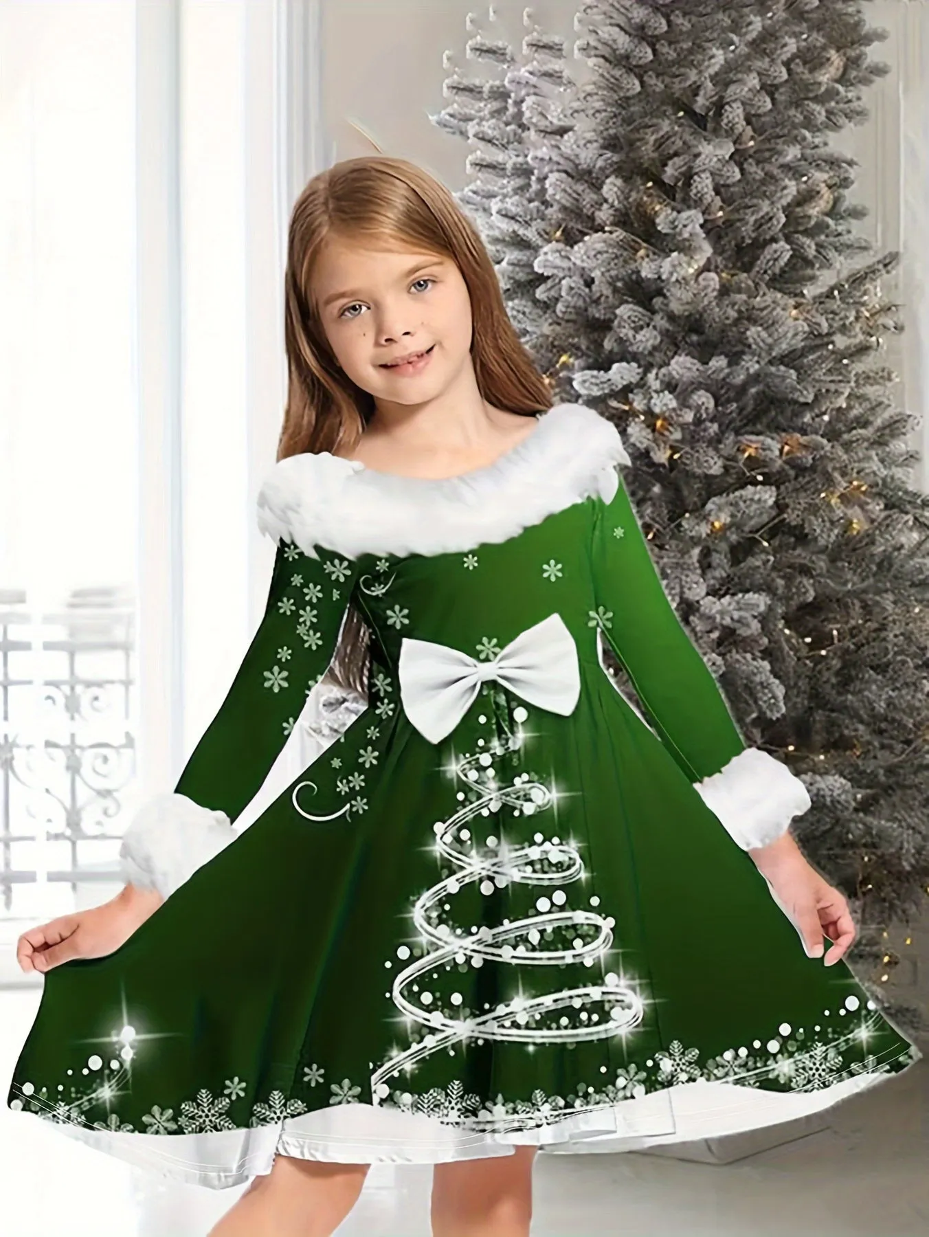 Comfy & Casual Girls' Shiny Bow Christmas Tree Print Dress for Christmas Gift