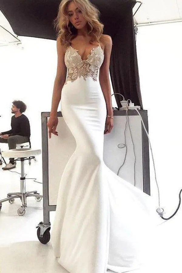 Deep V Neck Mermaid Spaghetti Straps Backless Wedding Dress  WD586