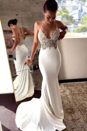 Deep V Neck Mermaid Spaghetti Straps Backless Wedding Dress  WD586