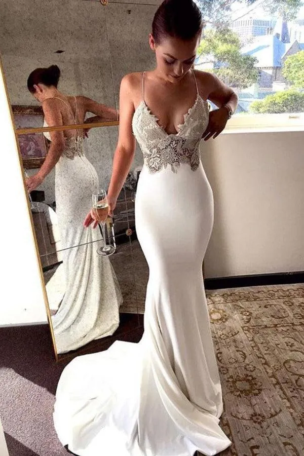 Deep V Neck Mermaid Spaghetti Straps Backless Wedding Dress  WD586