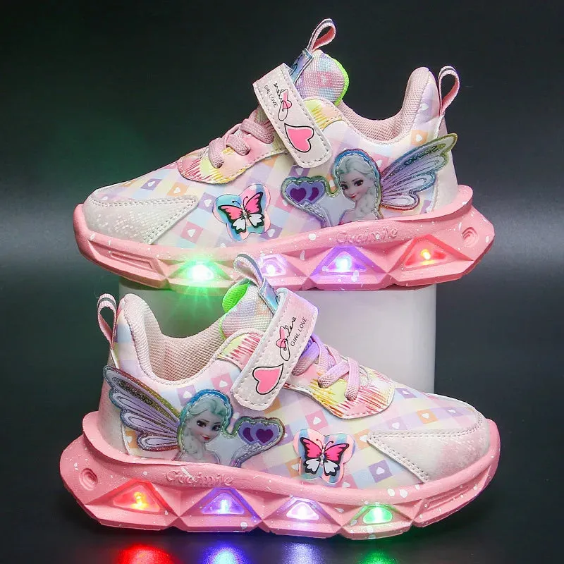 Disney Children's Sports Shoes Led Lights Sneaker Cartoon Frozen Princess  Elsa PU Leather Girls' Pink Children's Running Shoes