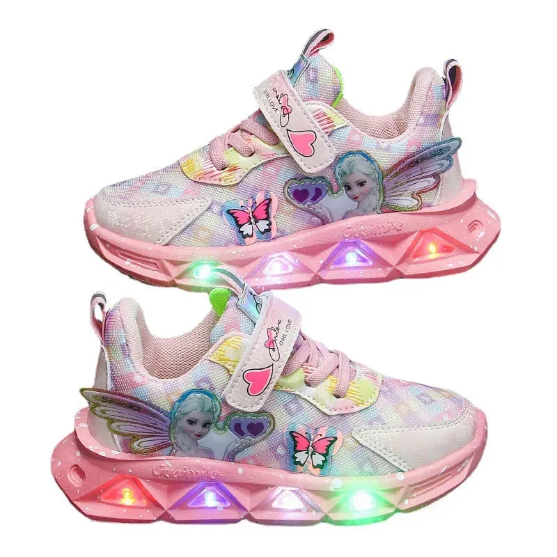 Disney Children's Sports Shoes Led Lights Sneaker Cartoon Frozen Princess  Elsa PU Leather Girls' Pink Children's Running Shoes