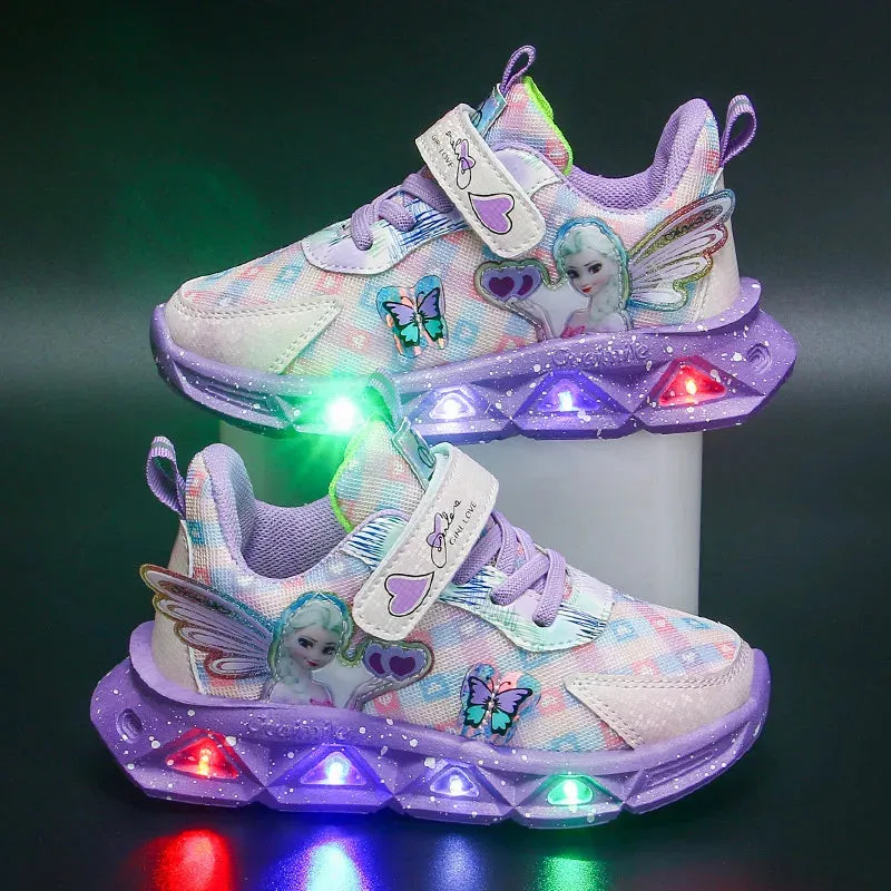 Disney Children's Sports Shoes Led Lights Sneaker Cartoon Frozen Princess  Elsa PU Leather Girls' Pink Children's Running Shoes