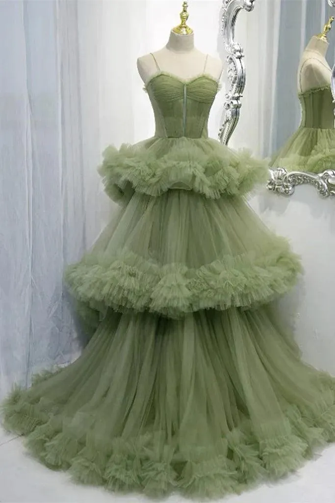 Elegant Straps Pleated Green Tiered Tulle Prom Formal Dress  PSK417