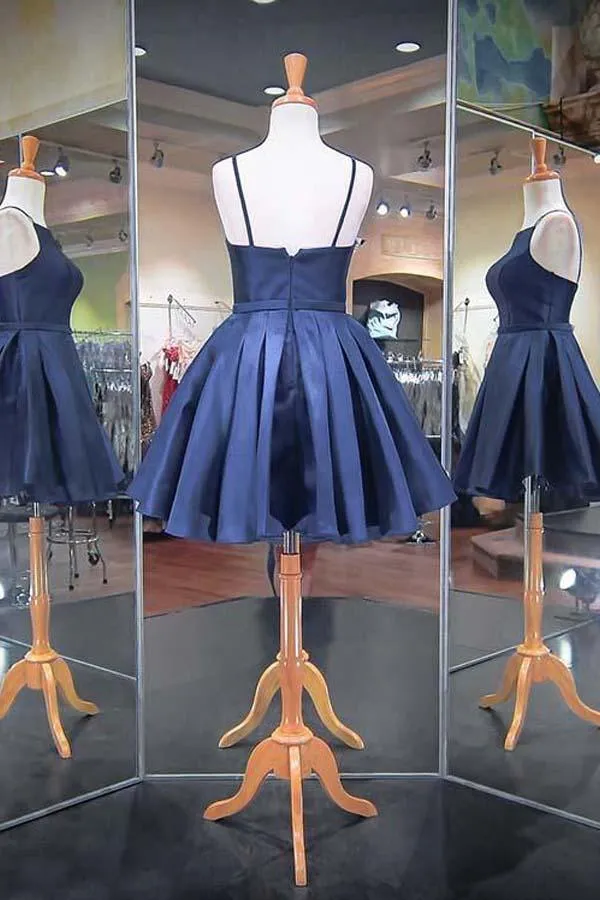 Fashion 2023 Navy Blue Spaghetti Straps Satin Homecoming Dresses PD040