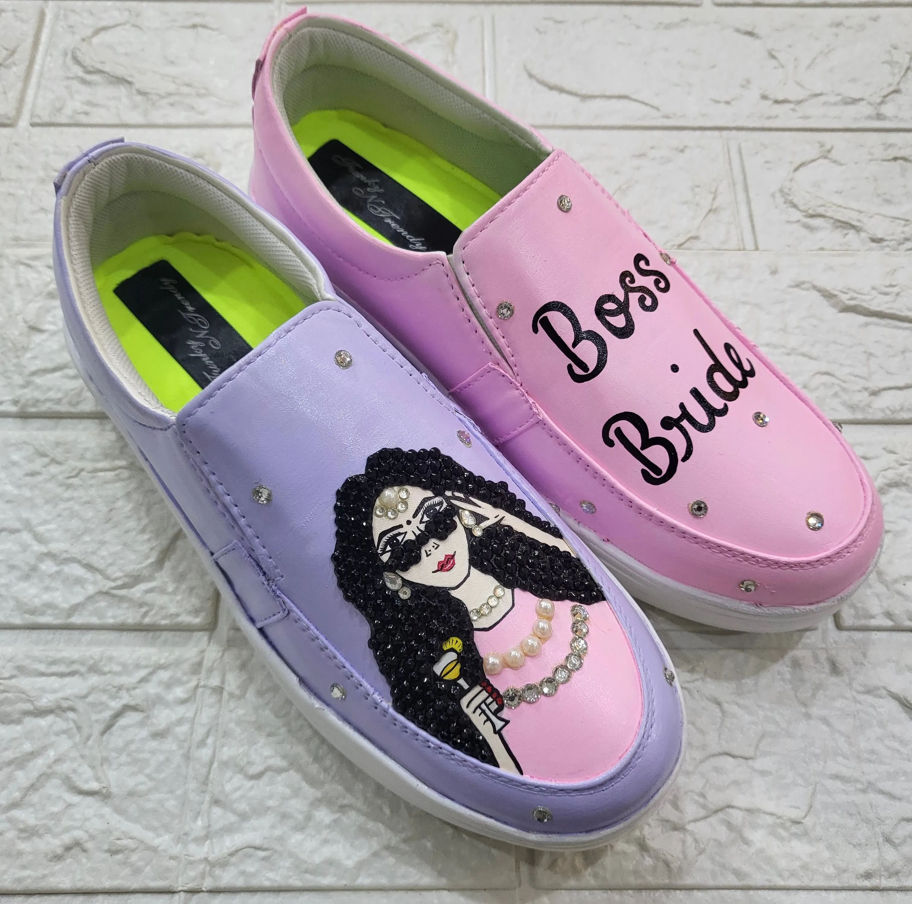 Funky N Trendy hand painted water resistant Boss Bride wedding theme shoes for bride/ rhinestone shoes / fully shoes / haldi mahendi shoes / loafer shoes