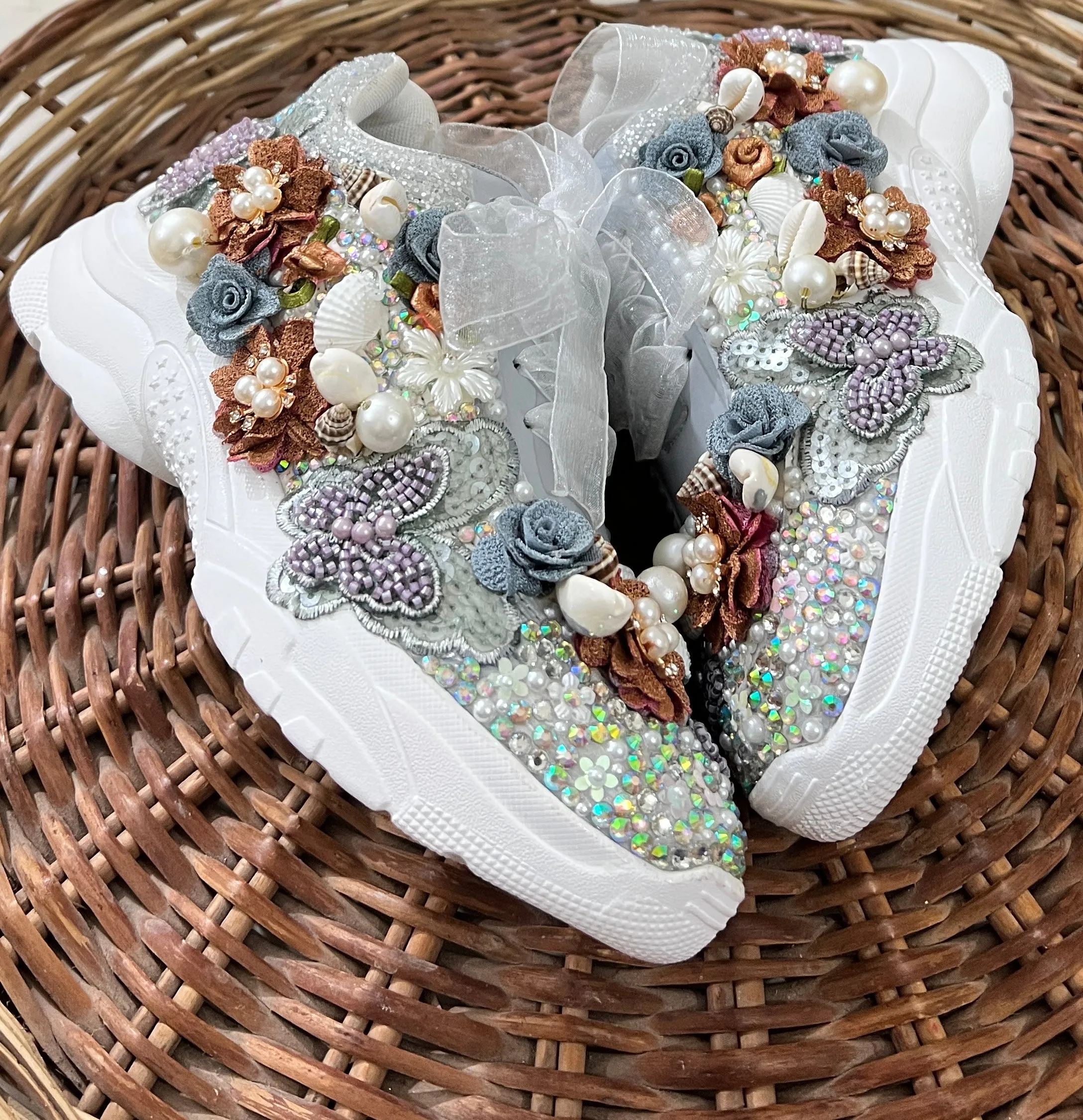 FUNKY N TRENDY hand work bridal sneakers / bridesmaid sneakers/ silver sneakers / gray and brown copper floral sneakers/bride shoes/ embroidered shoes/ butterfly shoes