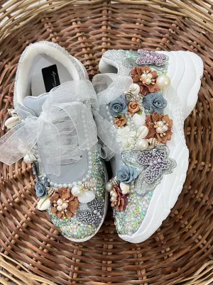 FUNKY N TRENDY hand work bridal sneakers / bridesmaid sneakers/ silver sneakers / gray and brown copper floral sneakers/bride shoes/ embroidered shoes/ butterfly shoes