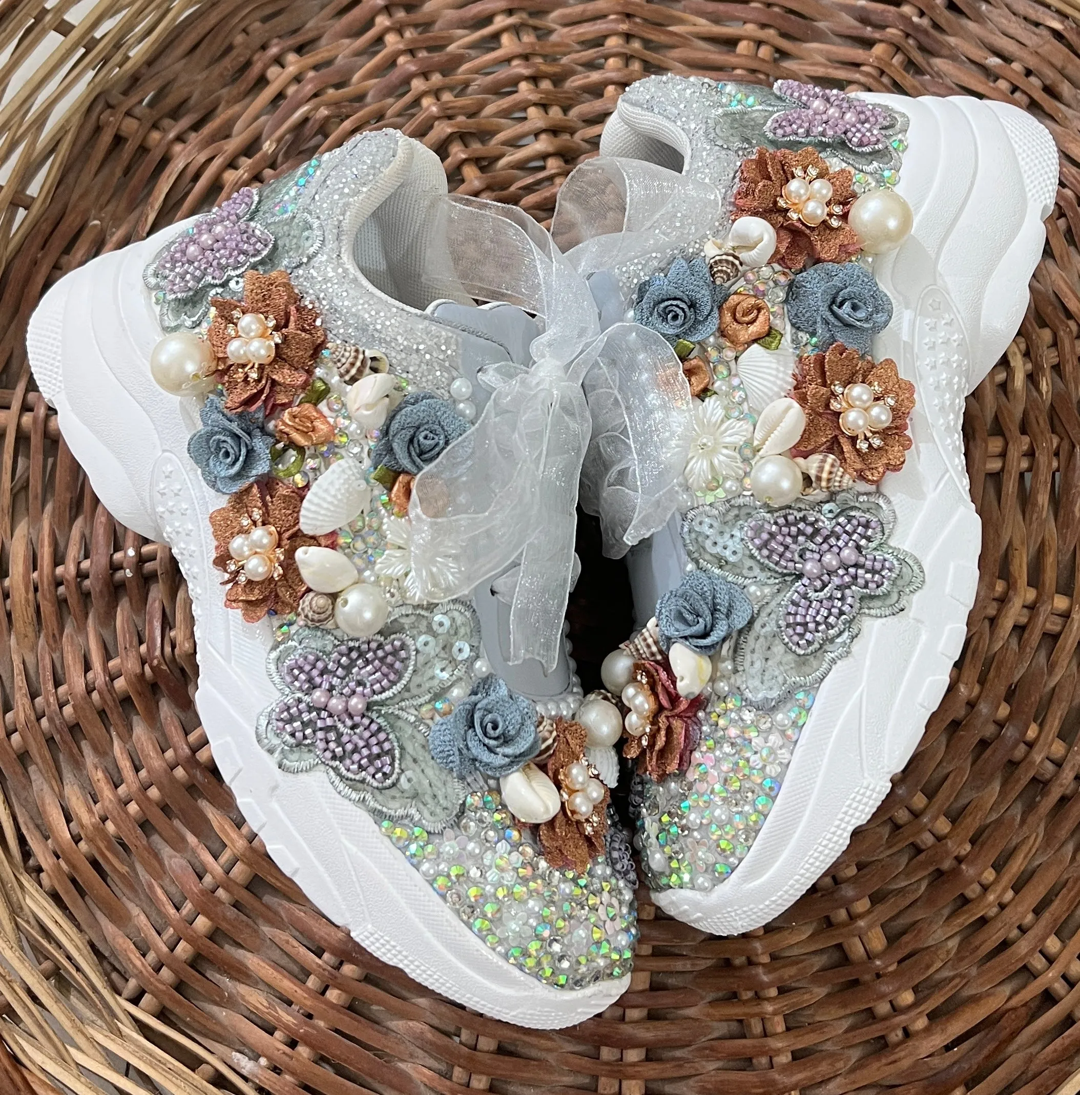 FUNKY N TRENDY hand work bridal sneakers / bridesmaid sneakers/ silver sneakers / gray and brown copper floral sneakers/bride shoes/ embroidered shoes/ butterfly shoes