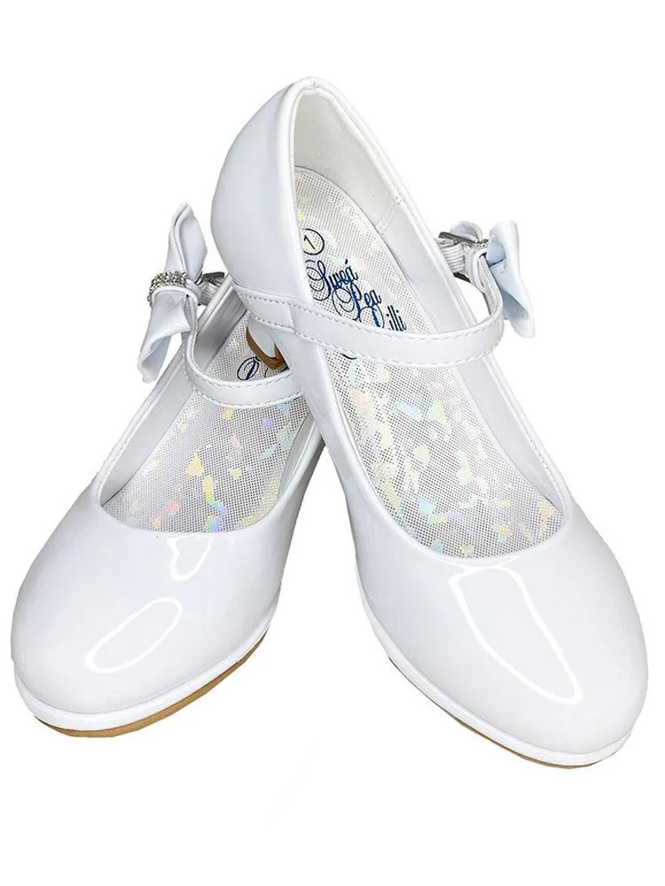 Girls White Side Bow Adjustable Strap Pearl Dress Shoes 10 Toddler-6 Kids