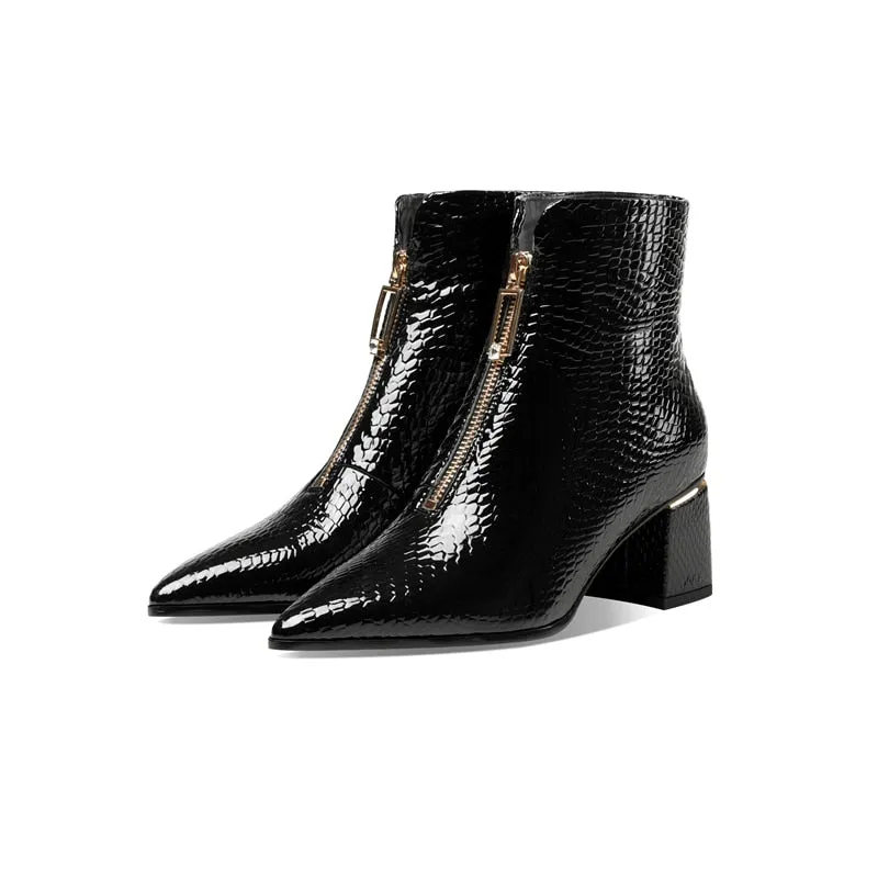 Glossy Serpent Leather Zipper Ankle Boots