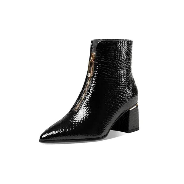 Glossy Serpent Leather Zipper Ankle Boots