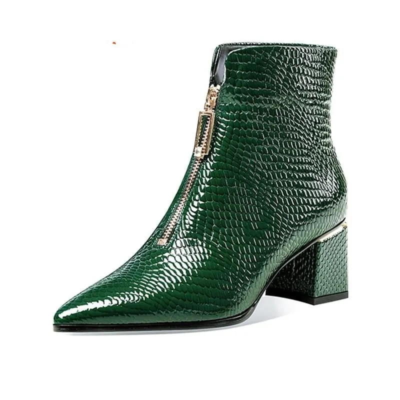 Glossy Serpent Leather Zipper Ankle Boots