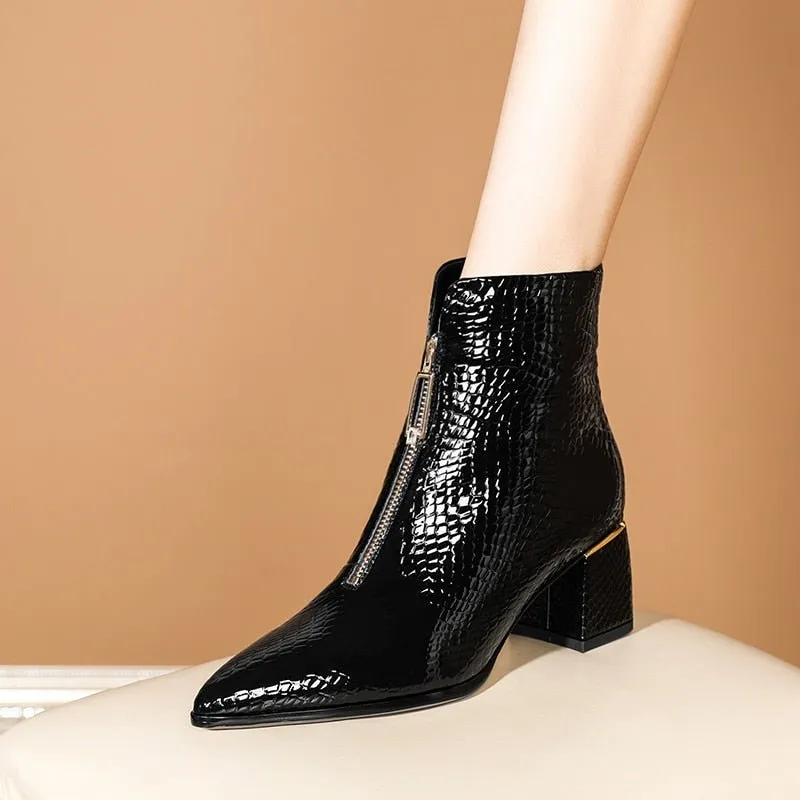 Glossy Serpent Leather Zipper Ankle Boots