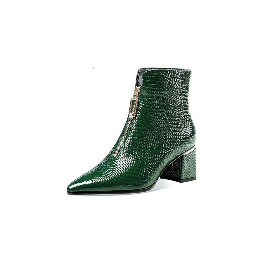 Glossy Serpent Leather Zipper Ankle Boots