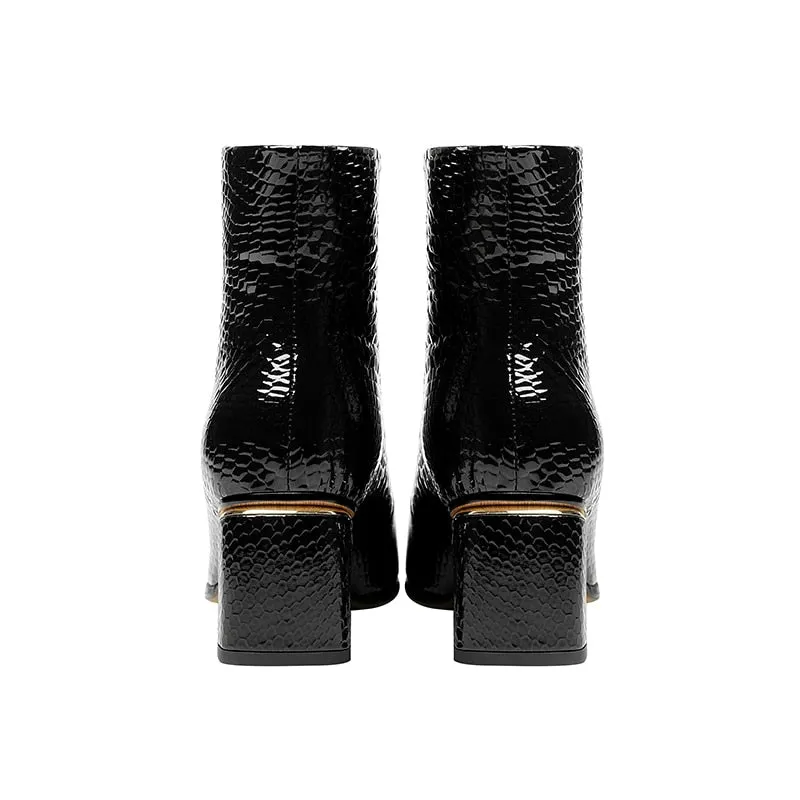 Glossy Serpent Leather Zipper Ankle Boots